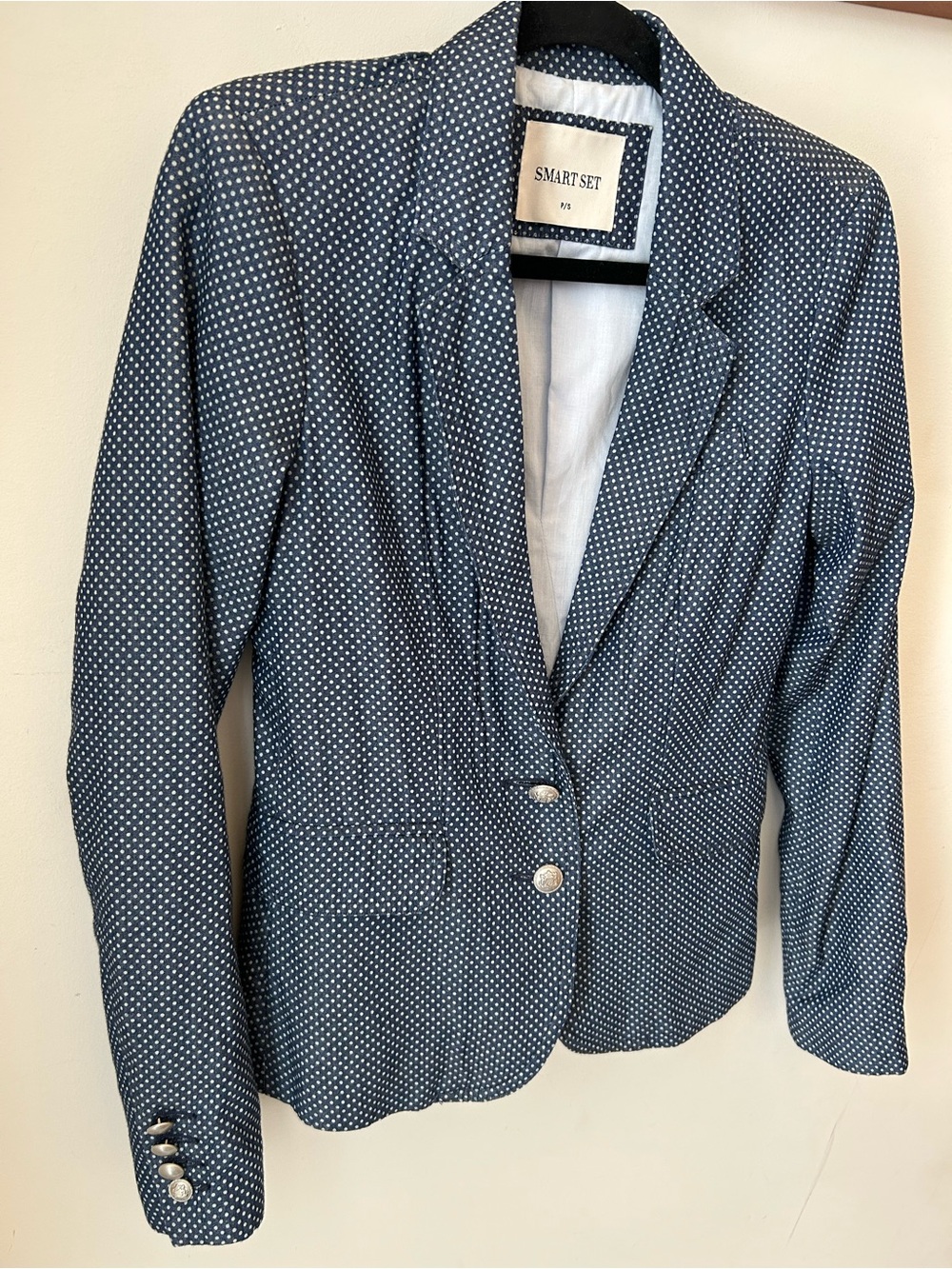 Smart Set Navy Polka Dot Blazer Crest Buttons Preppy Vintage Summer Office